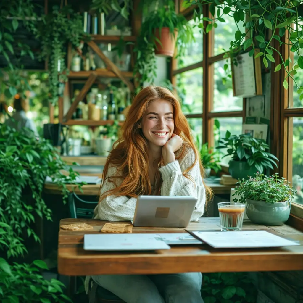 In a cozy cafe a woman sites with flair, flowing locks of vibrant ginger hair, her coffee floats a marvel to see, defying gravity wild a free
